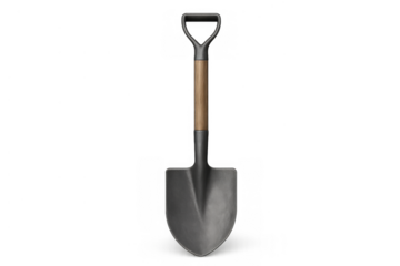 Shovel gardening tool with a strong wooden shaft, black metal blade and ergonomic d-handle, transparent background