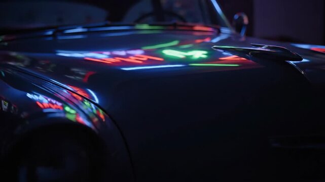 Reflections of colorful city lights on a car's fender at night