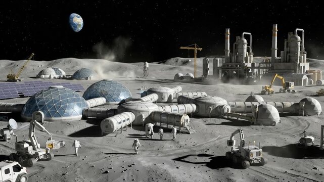 Lunar colony base with habitat domes, industrial processing facility, and construction equipment on moon surface. Earth visible in black space