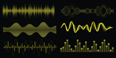 Podcast sound waves. Audio wave forms line, sound wave frequency, illustrating wave forms, voice signals, or digital equalizer patterns in a simple 