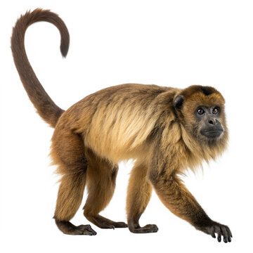 Brown Howler Monkey Standing Isolated on White Background

