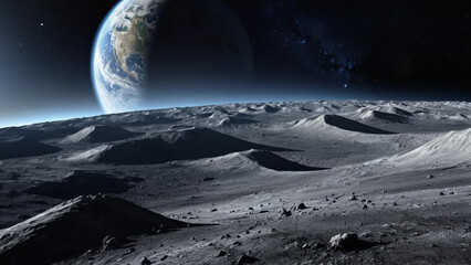 View of planet Earth and outer space from the surface of the Moon. Beautiful lunar landscape.