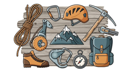 Plan your next climbing adventure with this equipment layout, perfect for websites, adventure blogs, and outdoor gear marketing campaigns