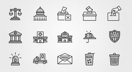 Essential government and community service icons for civic duty, healthcare, safety and sanitation projects in a modern, minimalist style