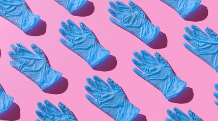 A pattern of protective gloves displayed on a pink background.