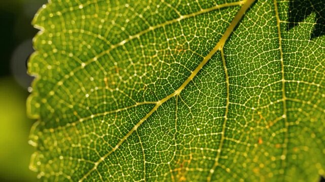 Close up of a vibrant green leaf showing intricate vein patterns and sunlight