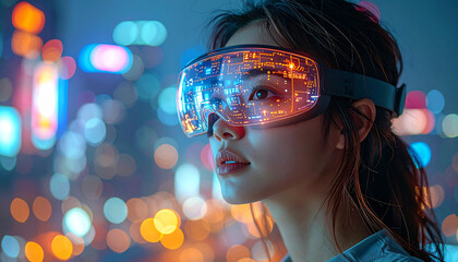 Asian Woman Immersed in Metaverse with Futuristic VR Goggles and Digital Interface