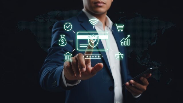 African american businessman managing online banking and financial transactions through digital interface in dark studio - Powered by Adobe