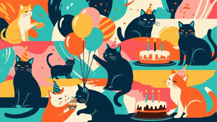 Festive Felines - A Birthday Celebration with Cats and Balloons. © Gogoo