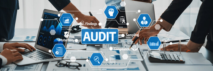 Collaborative Audit Process with Technology Representation and Teamwork in a Modern Office Setting Featuring Various Digital Elements. Amity