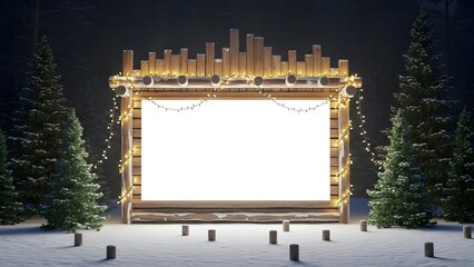 Blank wooden billboard frame decorated with warm string light garland, set outdoors in a snowy winter scene flanked by two tall pine trees for holiday advertisement