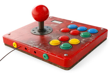 Vintage Arcade Game Controller with Colorful Buttons: A Multilayer Design Showcasing Unique Button Layout and Essential Gaming Hardware for Retro Enthusiasts On Transparent Background.