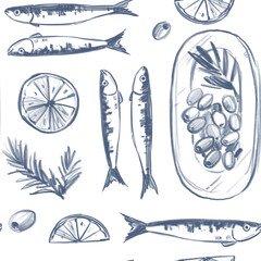 Sardines  fish, seafood, seamless pattern illustration set, hand drawn sketch