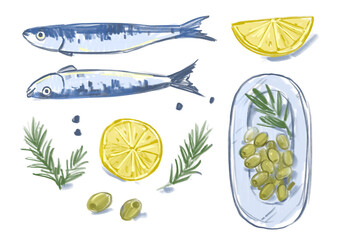 Sardines set,  fish, seafood, illustration set, hand drawn sketch