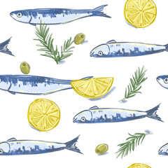 Sardines  fish, seafood, seamless pattern illustration set, hand drawn sketch