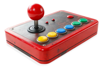 Vintage Arcade Game Controller with Colorful Buttons: A Multilayer Design Showcasing a Unique Button Layout for Enhanced Gaming Experience and Nostalgic Hardware On Transparent Background.