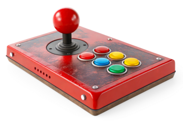 Vintage arcade game controller featuring colorful buttons, multilayer design, unique button layout, classic gaming hardware, perfect for nostalgic gaming enthusiasts On Transparent Background.