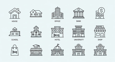 Essential building icons set for city planning and architectural design projects, including house, office, bank, hotel, university, and hospital symbols