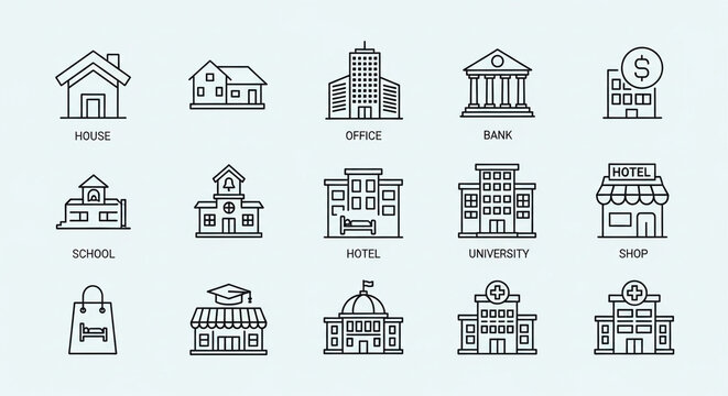 Essential building icons set for city planning and architectural design projects, including house, office, bank, hotel, university, and hospital symbols - Powered by Adobe