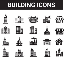 Building simple minimal thin line icons. Building web icons in line style.Containing house, office, bank, school, hotel, shop, university and hospital icons.