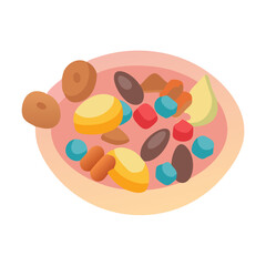 Abstract isometric dish with brown yellow and blue elements