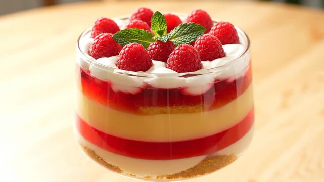 Berry trifle dessert with jelly, custard, cream and raspberries.