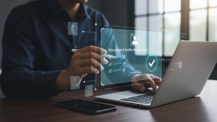 Man working on laptop with digital interface showing security authorization and verification process for secure access