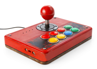 Vintage arcade game controller featuring colorful buttons, multilayer design, unique button layout, essential gaming hardware for nostalgic gaming experiences On Transparent Background.