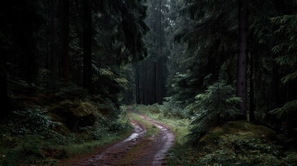 Fototapeta premium A winding dirt path cuts through a dark forest with tall trees on either side. Rain falls softly creating a serene and mysterious atmosphere in this natural setting.