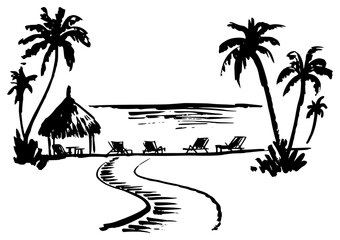 Tropical Beach Scene with Palm Trees, Hut, and Lounge Chairs