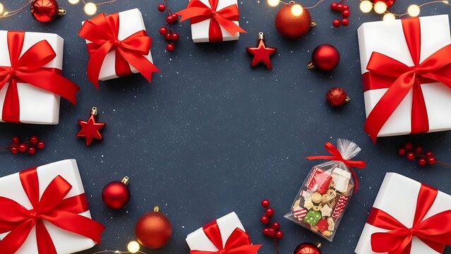 Festive christmas background with gift boxes, red ornaments and string lights on dark blue surface