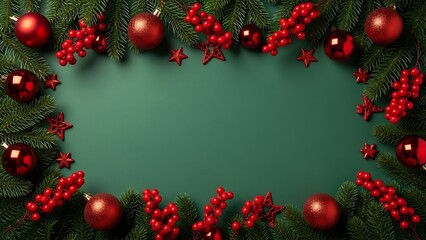 Festive christmas frame with fir branches, red ornaments, and berries on green background