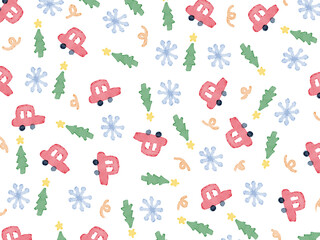 白背景に手描きイラストパターン。冬の旅行やドライブのコンセプト。水彩のクリスマスツリーと赤い自動車