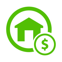 Green home and money icon representing real estate investing and mortgage rates  property value assessment isolated house price rental income