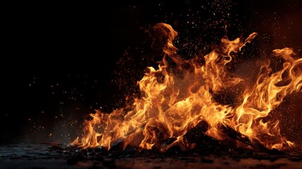 A fire is burning in the dark, with the flames reaching high into the air. Concept of danger and destruction, as the fire consumes everything in its path