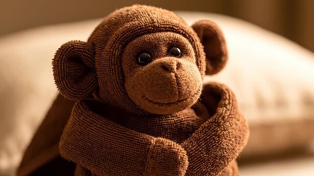 Cute monkey made of brown bath towels sits on a bed.