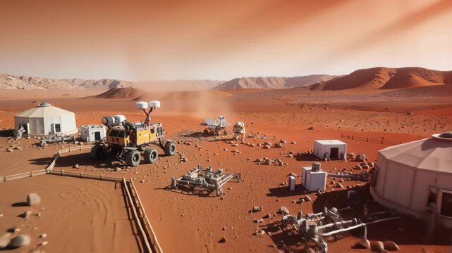 Astronaut collecting rock samples beside rover on planet Mars. Expanding settlement with domed habitats visible in background. Camera pans and tilts across dusty terrain.