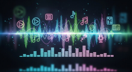 Vibrant neon sound waves and music icons create a dynamic audio visual experience for entertainment and technology branding projects today