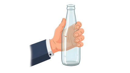 A hand holding a clear glass bottle with a suit sleeve visible on transparent background