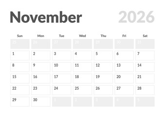 Monthly page Calendar Planner Template design of November 2026. Vector layout of calendar with week start Sunday for Scheduling. Page for size A4 or 21x29.7 cm