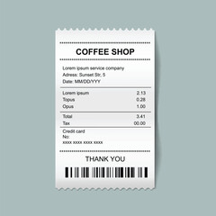 Coffee Shop Receipt with Itemized Purchases . Paper payment printed receipts,, Restaurant atm check template Vector Illustration