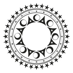 Intricate black and white circular design featuring moons and stars