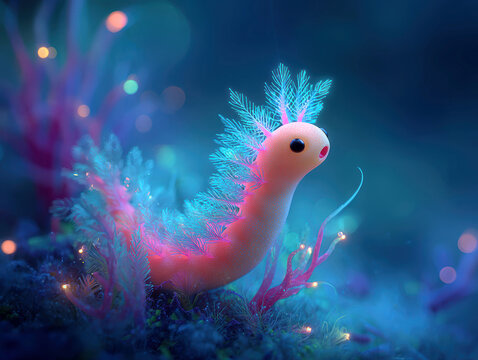 A large, glowing sea worm with wiggly fins, soft coral pink and turquoise colors, in a bioluminescent ocean atmosphere Detailed fantasy illustration of whimsical underwater scene, feat - AI-Generated