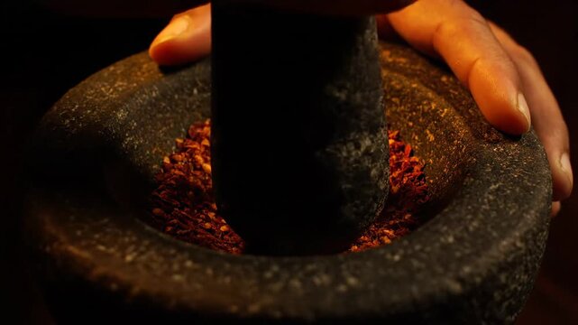 Grinding spices in a mortar with pestle, food preparation.