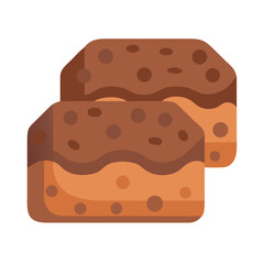 Two flat design chocolate brownies stacked on white backdrop