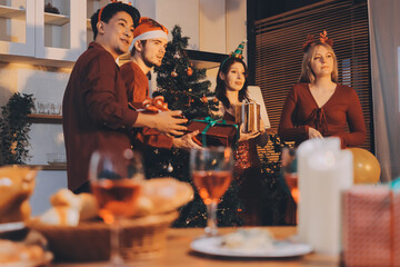 Festive Office Christmas Party with Delicious Food. A beautifully decorated office space with Christmas trees and festive lights, set up for a holiday party.