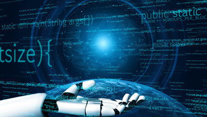 A striking visual of a robotic hand reaching out in a vast digital universe filled with flowing code, symbolizing the intersection of technology and artificial intelligence. Xenic