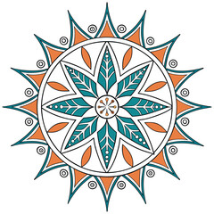 A detailed illustration of a nautical compass rose with orange and teal tones