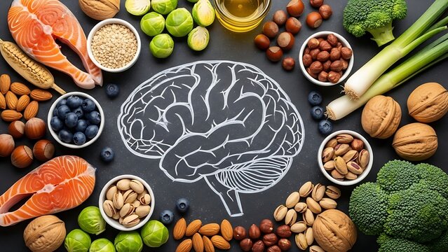 Brain illustration surrounded by healthy foods for brain health Keywords: brain, illustration