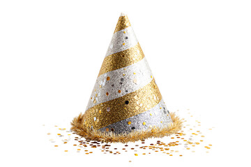 Shiny Silver and Gold Confetti Party Hat with Tinsel Fringe, isolated on a transparent background.